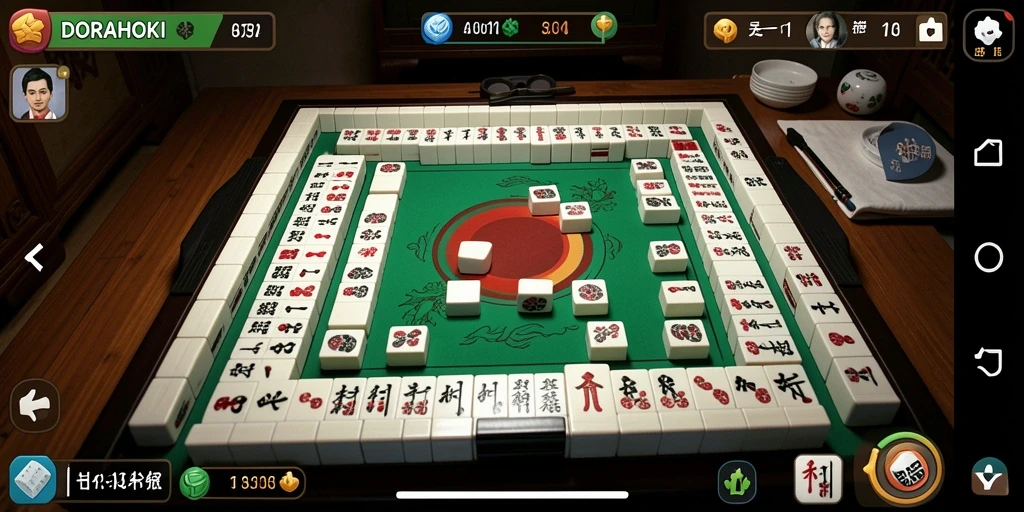 Tampilan gameplay menarik dari DORAHOKI yang menampilkan ubin Mahjong.