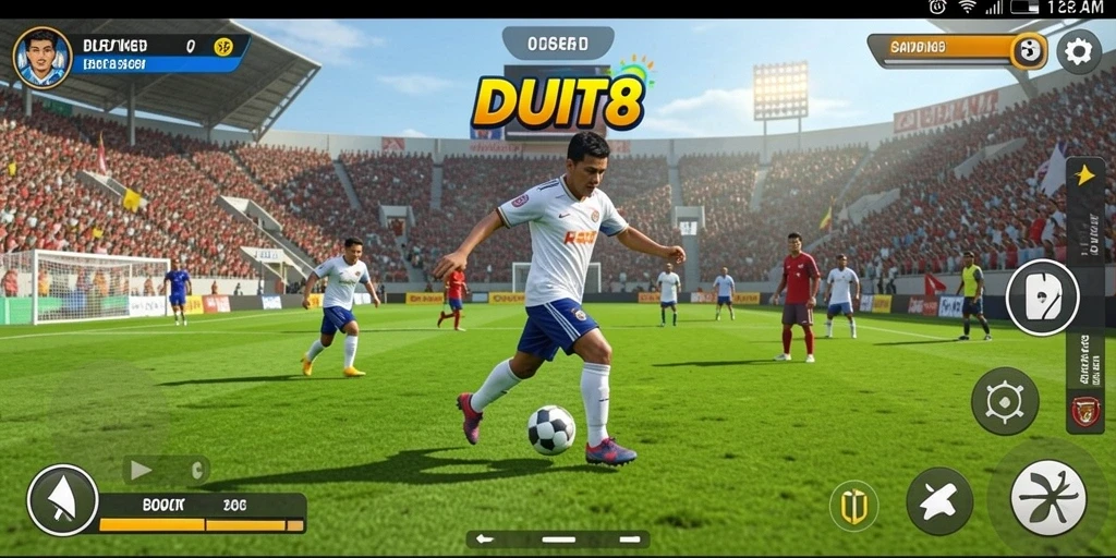 Tampilan gameplay seru dalam DUIT8 yang menampilkan aksi sepak bola.