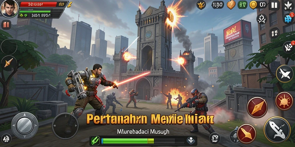 Screenshot utama PP7 menampilkan aksi menara bertahan melawan serangan musuh.