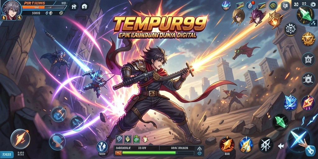 Screenshot gameplay TEMPUR99 yang menampilkan serangan karakter anime.